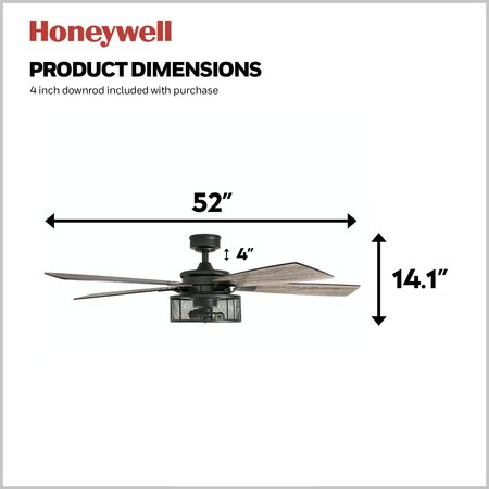 Honeywell Ceiling Fans Carnegie, 52 in. Ceiling Fan with Light & Remote Control, Matte Black 51928-40